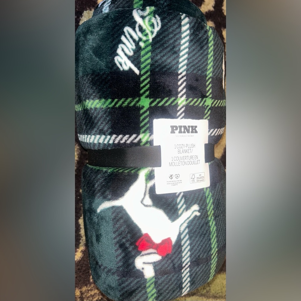 PINK Victoria's Secret Black and Green Plaid Dog Blanket - Picture 3 of 4